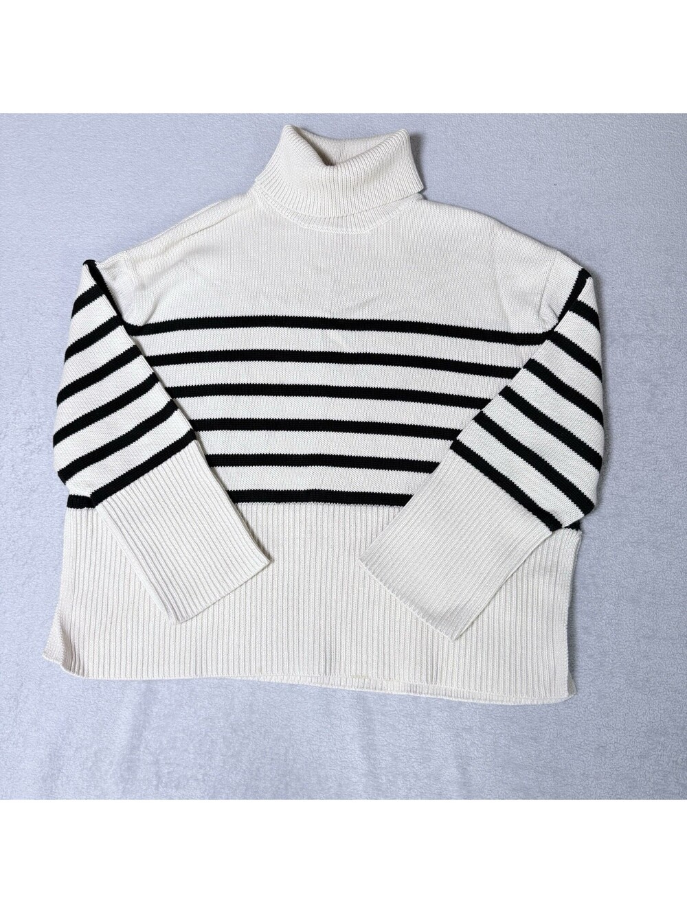 Gap Womens S Striped Turtleneck Sweater Cream Black Ribbed Cotton Boxy Slit Hem